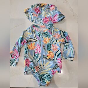 Roxy Girls' Blue Floral Rash Guard Swimsuit with Hat